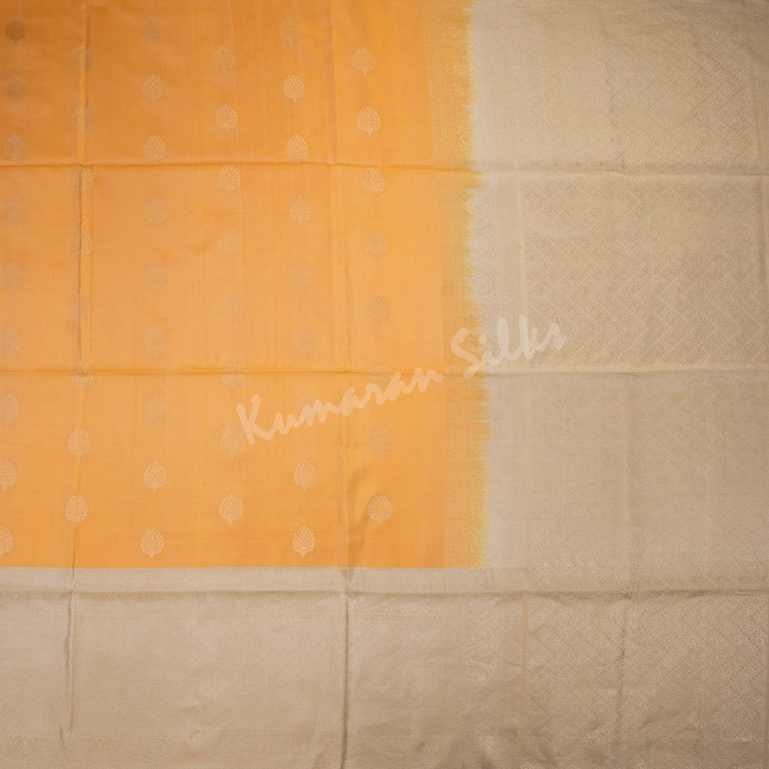 Mango Yellow Soft Silk Saree With Silver Zari Floral Buttas And Brown Zari Border