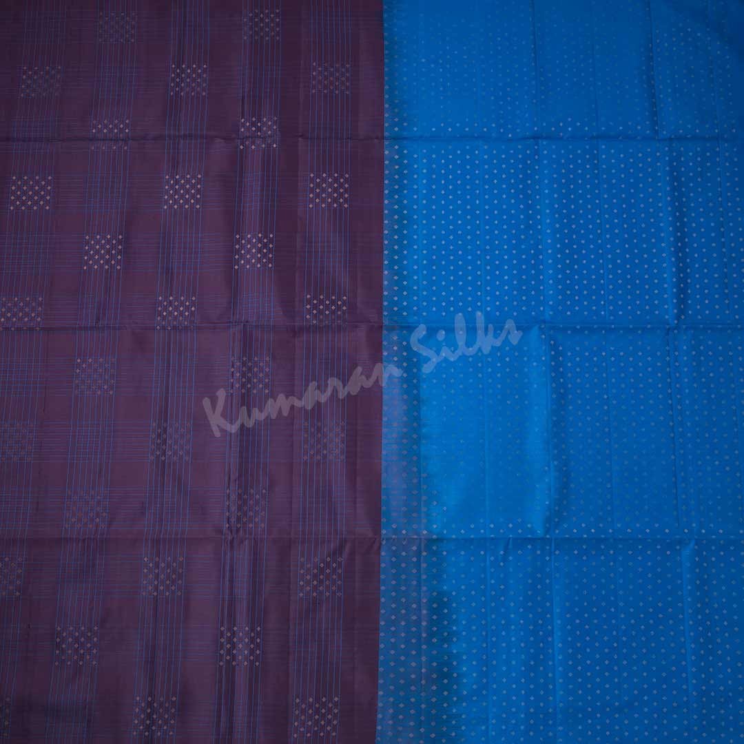 Dark Wine Borderless Soft Silk Saree With Blue Checks In Copper Buttas