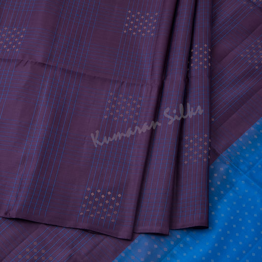 Dark Wine Borderless Soft Silk Saree With Blue Checks In Copper Buttas