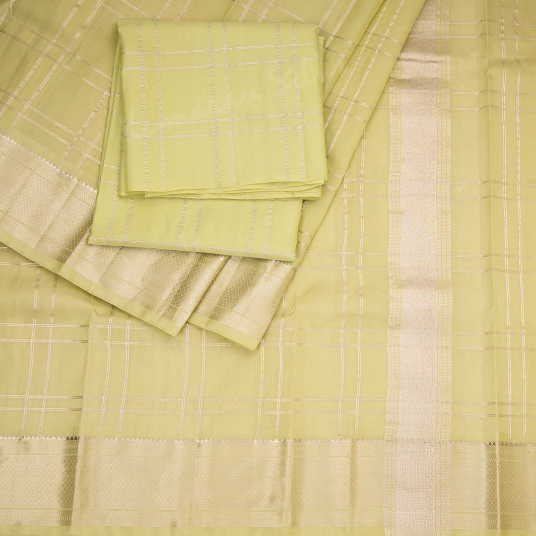 Pista Green Pure Silk Checked Dhoti With Angavastram And Matching Shirt 8 X 4