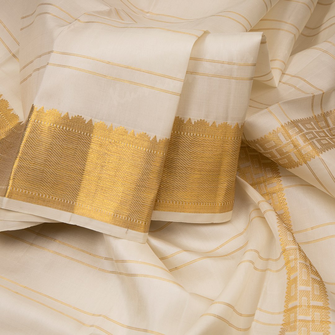 Cream Pure Silk Striped Dhoti With Angavastram And Matching Shirt 8 X 4