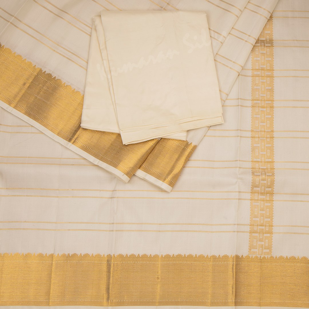 Cream Pure Silk Striped Dhoti With Angavastram And Matching Shirt 8 X 4