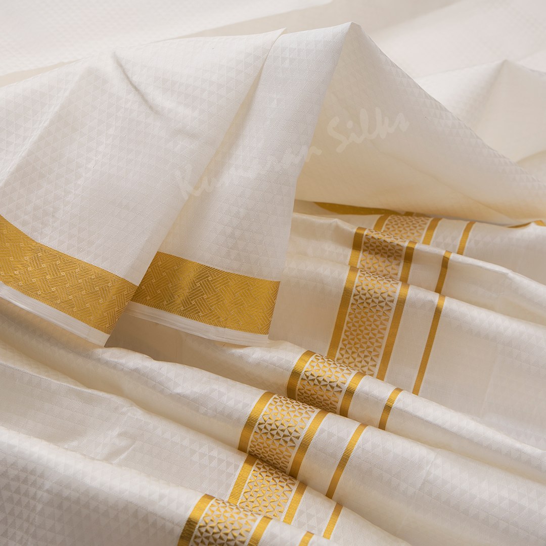 Designer Embossed Cream Silk Dhoti With Angavastram 8 X 4 80K