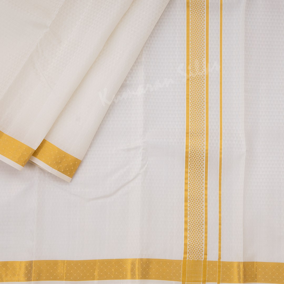 Designer Embossed Cream Silk Dhoti With Angavastram 8 X 4 80K