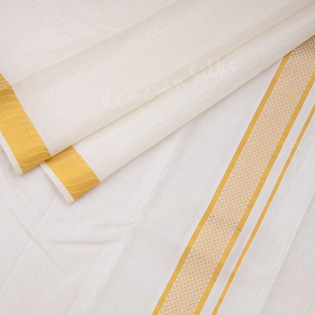 Designer Embossed Cream Silk Dhoti With Angavastram 8 X 4 160K