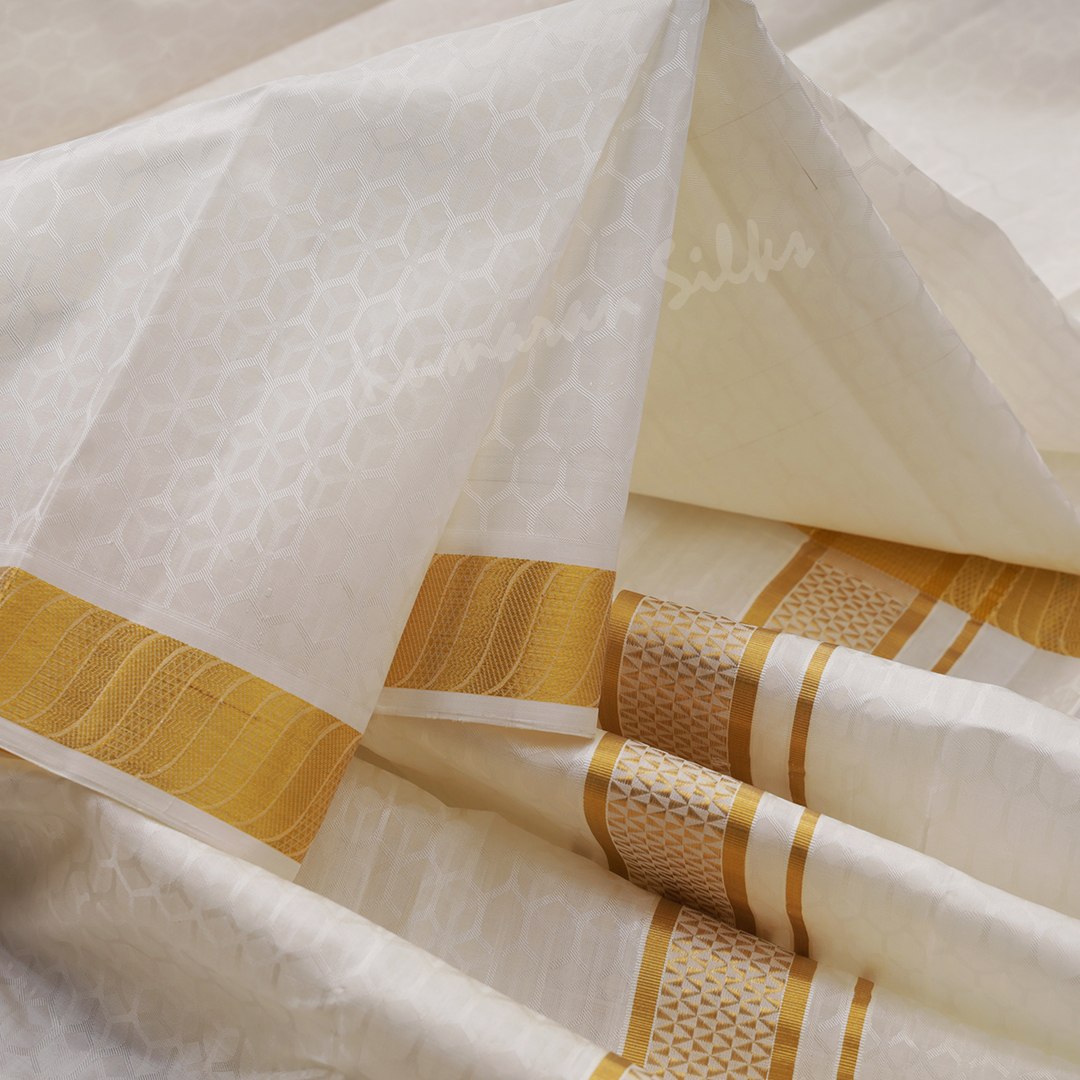 Designer Embossed Cream Silk Dhoti With Angavastram 8 X 4 160K