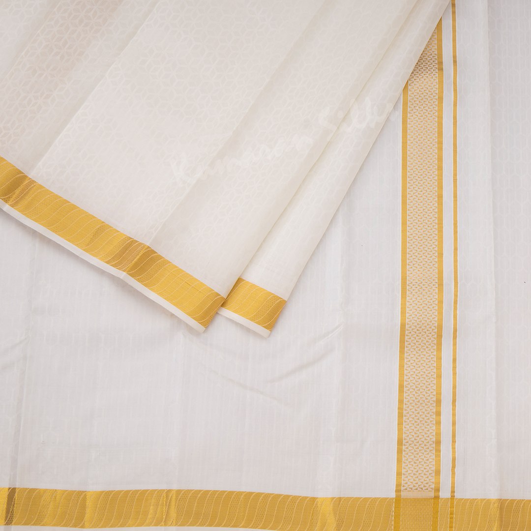 Designer Embossed Cream Silk Dhoti With Angavastram 8 X 4 160K