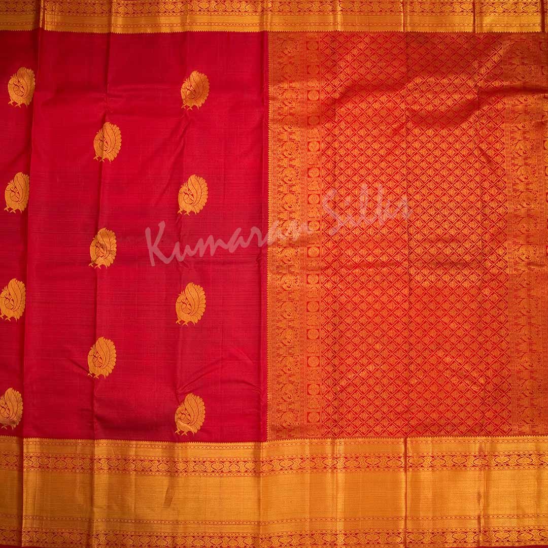 Red Pure Silk Saree With Peacock Design And Rettapettai Border