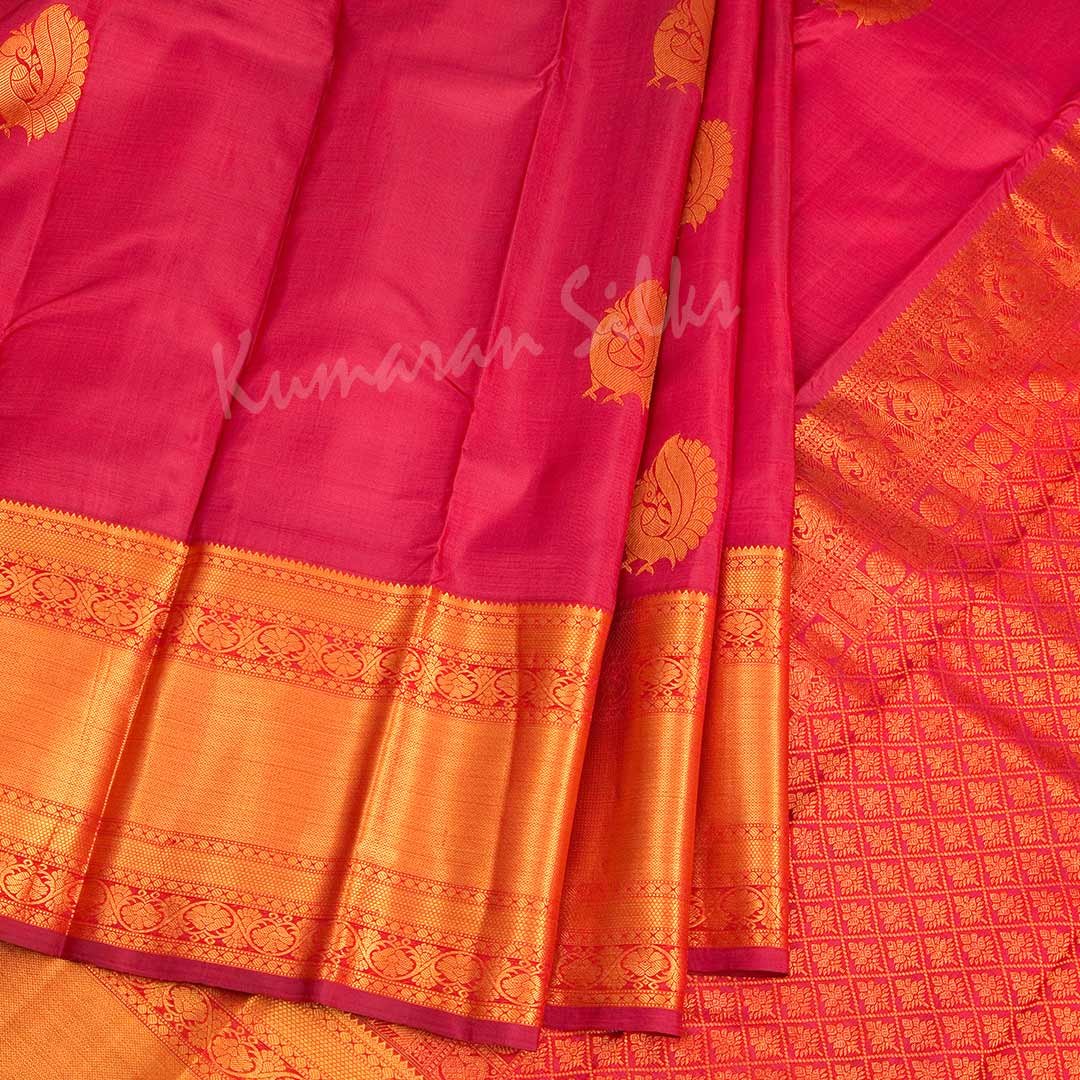 Red Pure Silk Saree With Peacock Design And Rettapettai Border