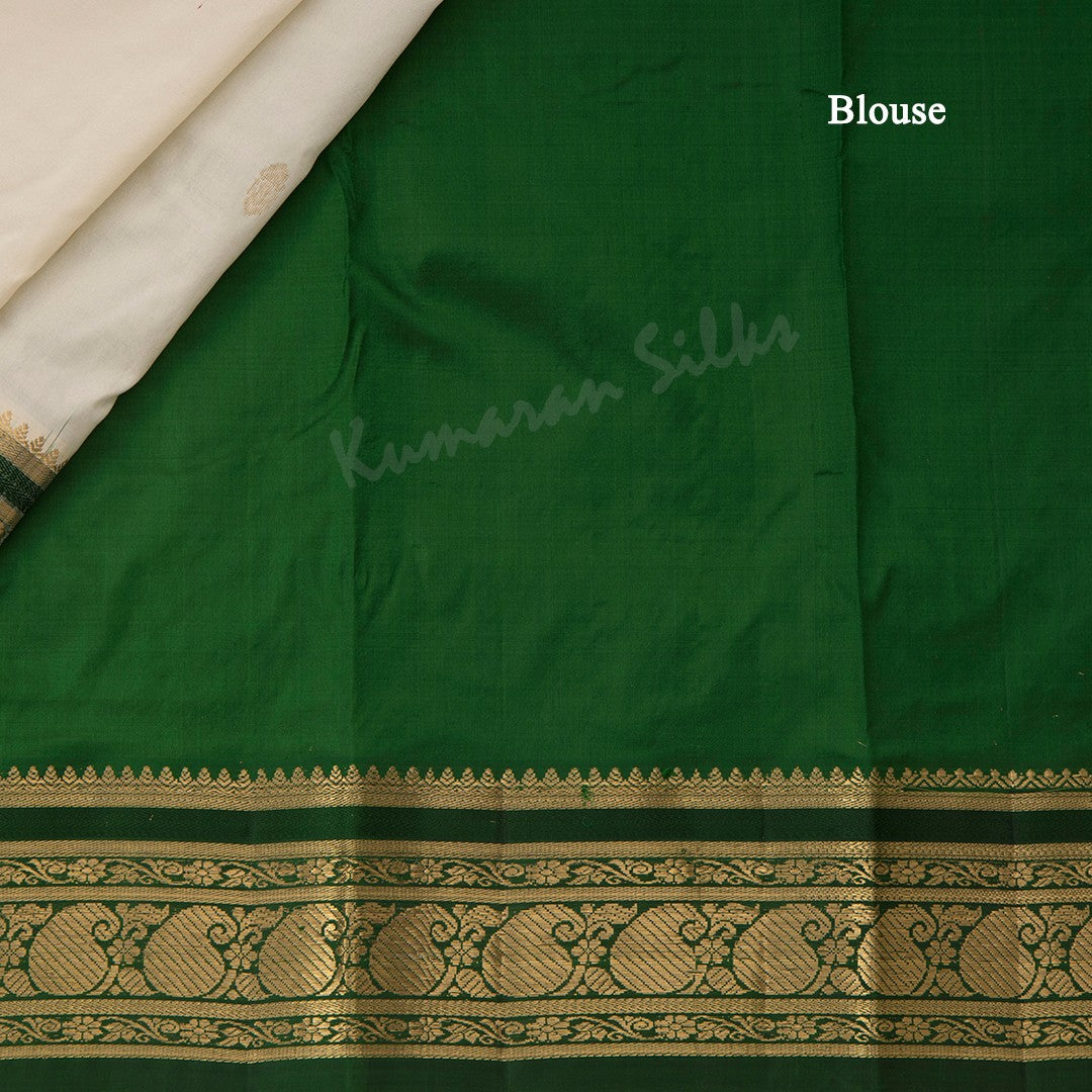 Pure Silk Cream Saree With Gold Zari Buttas And Contrast Border - Kumaran Silks