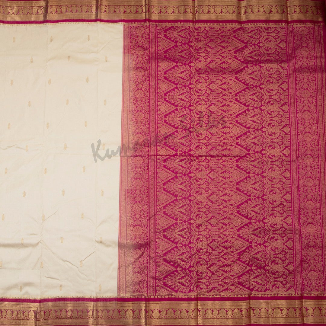 Pure Silk Cream Saree With Gold Zari Buttas And Contrast Border 02 - Kumaran Silks