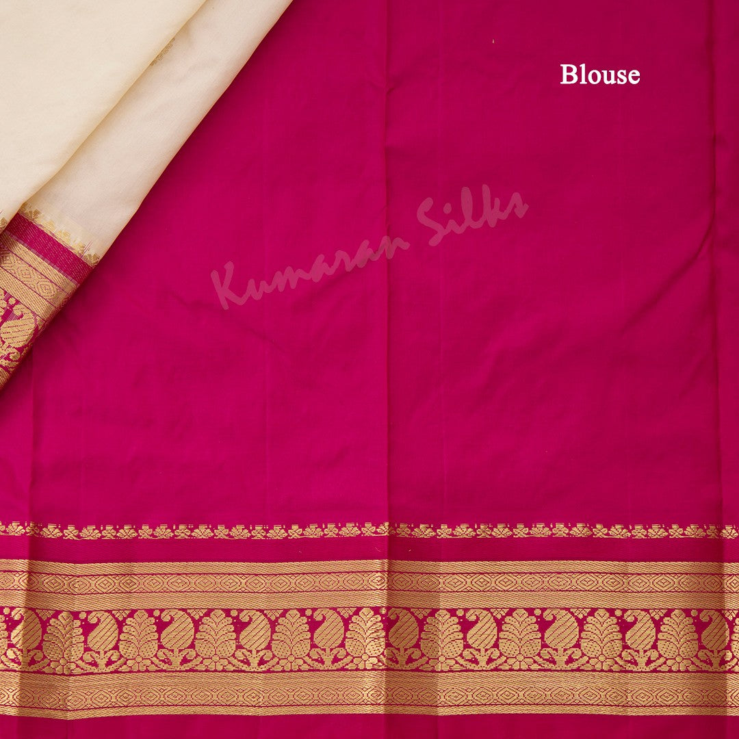 Pure Silk Cream Saree With Gold Zari Buttas And Contrast Border 02 - Kumaran Silks