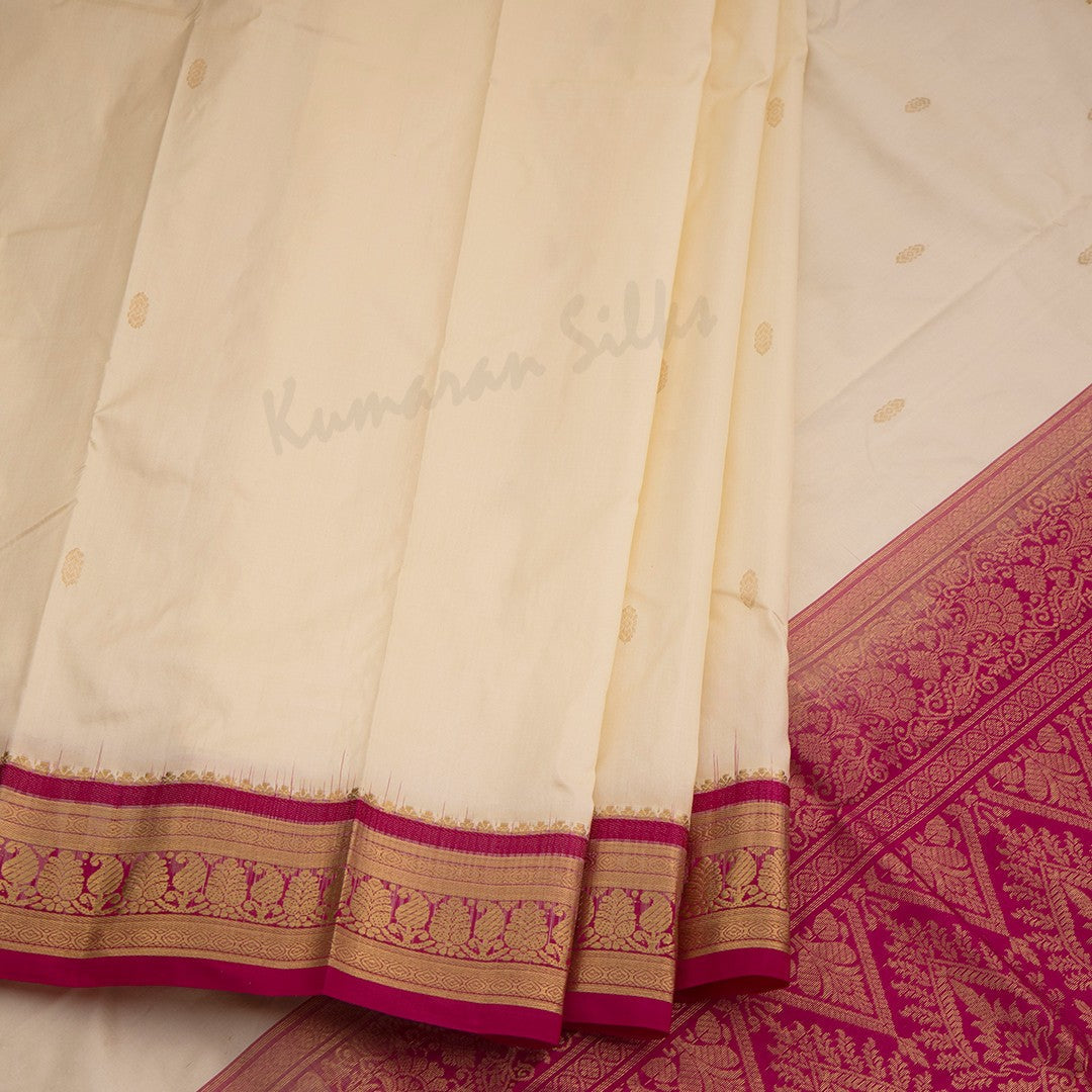 Pure Silk Cream Saree With Gold Zari Buttas And Contrast Border 02 - Kumaran Silks