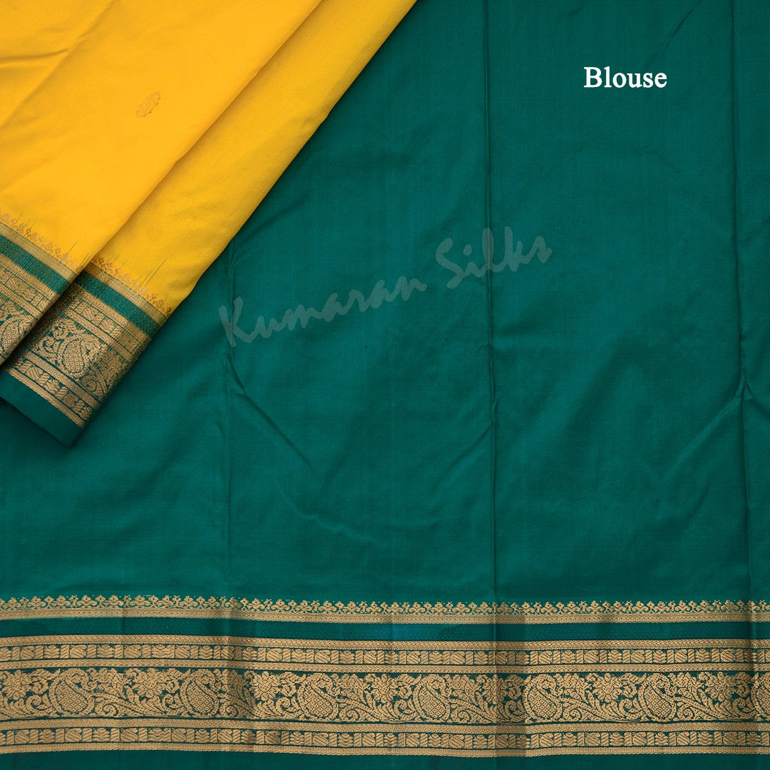 Pure Silk Yellow Saree With Gold Zari Buttas And Contrast Border - Kumaran Silks