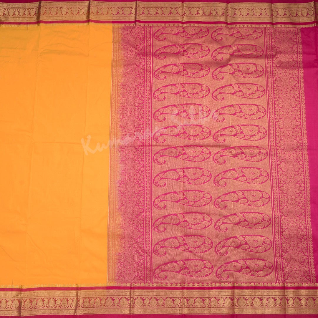 Pure Silk Mango Yellow Saree With Gold Zari Buttas And Contrast Border - Kumaran Silks