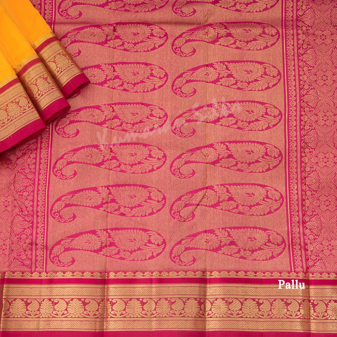 Pure Silk Mango Yellow Saree With Gold Zari Buttas And Contrast Border - Kumaran Silks