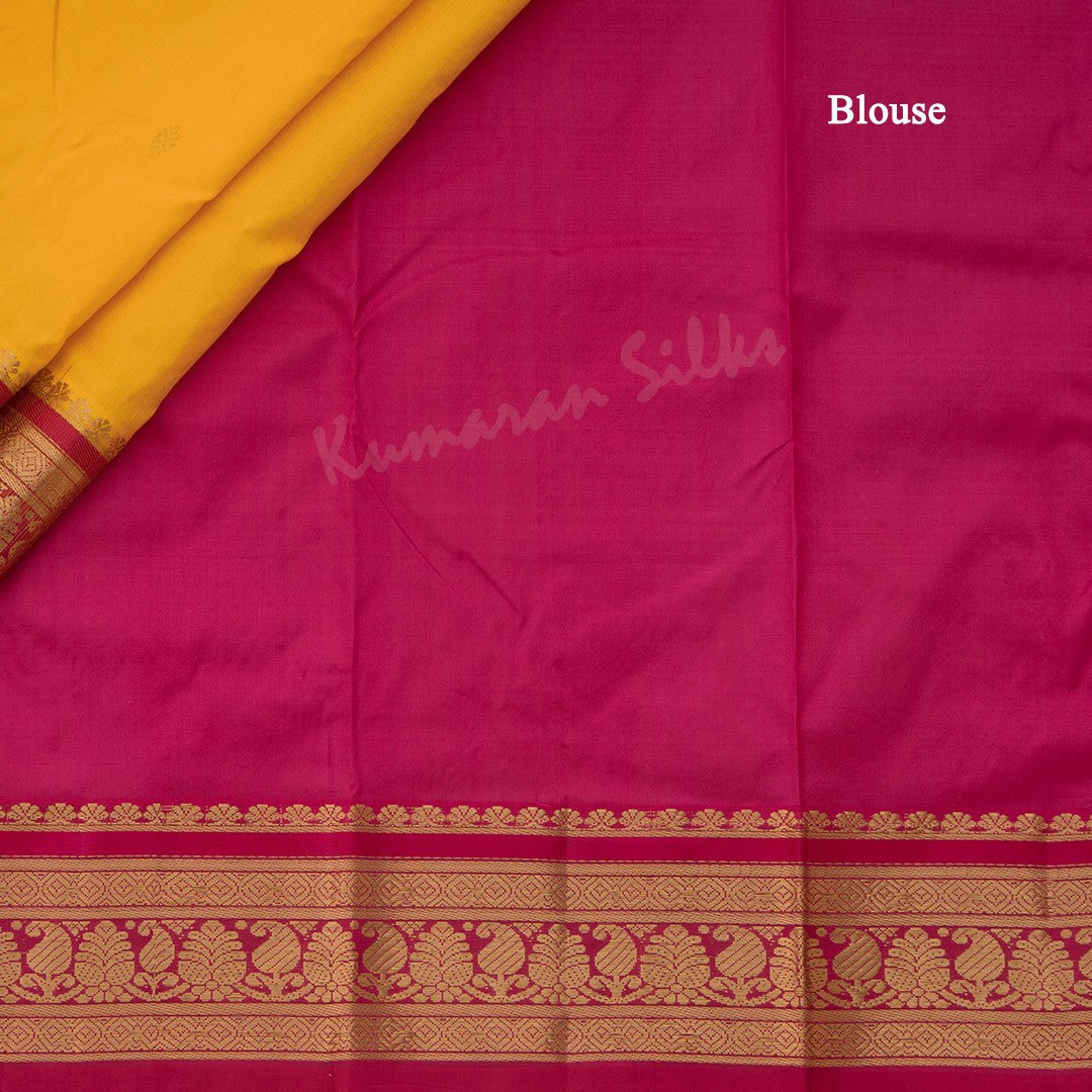 Pure Silk Mango Yellow Saree With Gold Zari Buttas And Contrast Border - Kumaran Silks