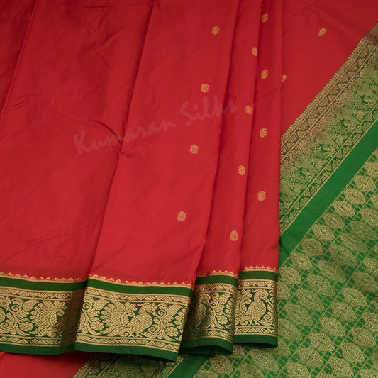 Pure Silk Red Saree With Gold Zari Buttas And Contrast Border - Kumaran Silks