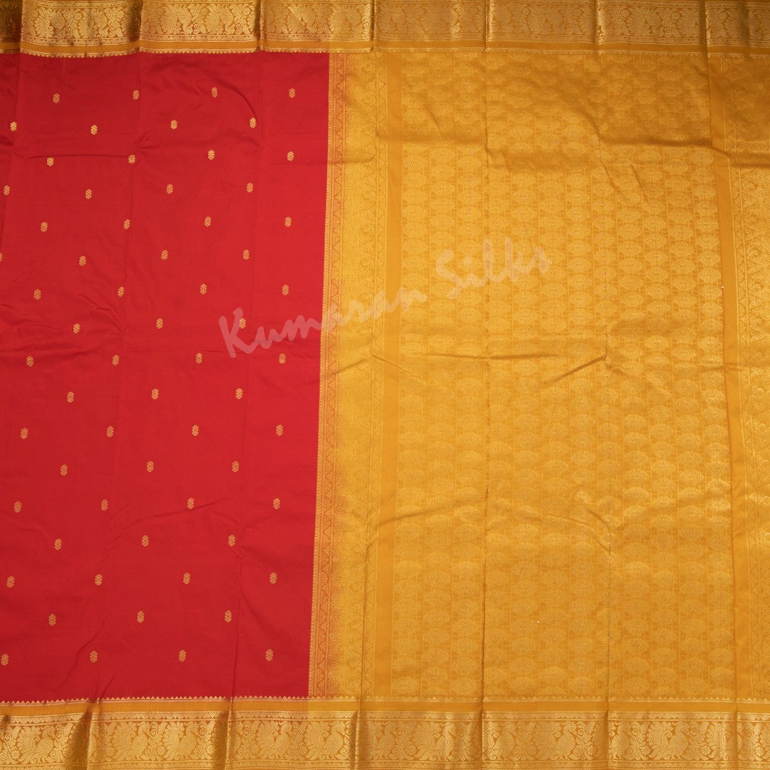 Pure Silk Red Saree With Gold Zari Buttas And Contrast Border 02 - Kumaran Silks