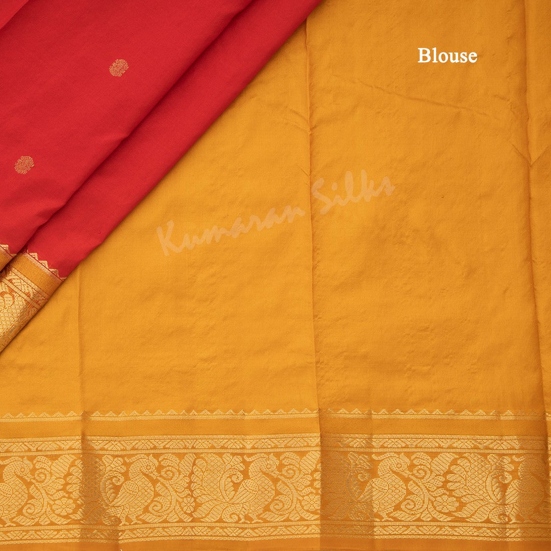 Pure Silk Red Saree With Gold Zari Buttas And Contrast Border 02 - Kumaran Silks