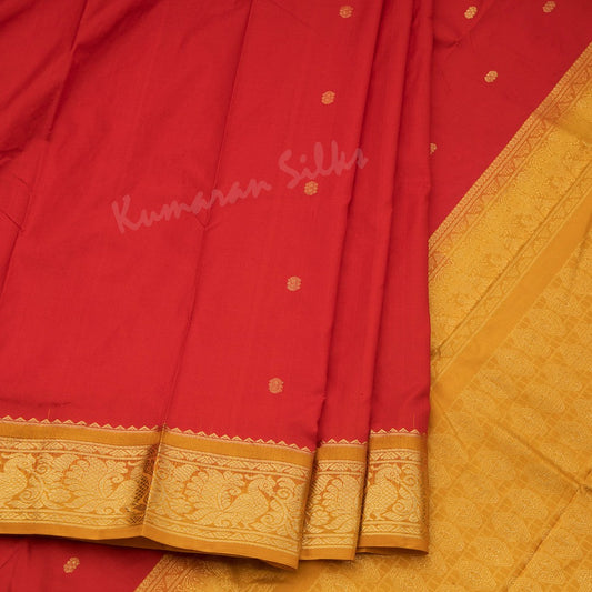 Pure Silk Red Saree With Gold Zari Buttas And Contrast Border 02 - Kumaran Silks