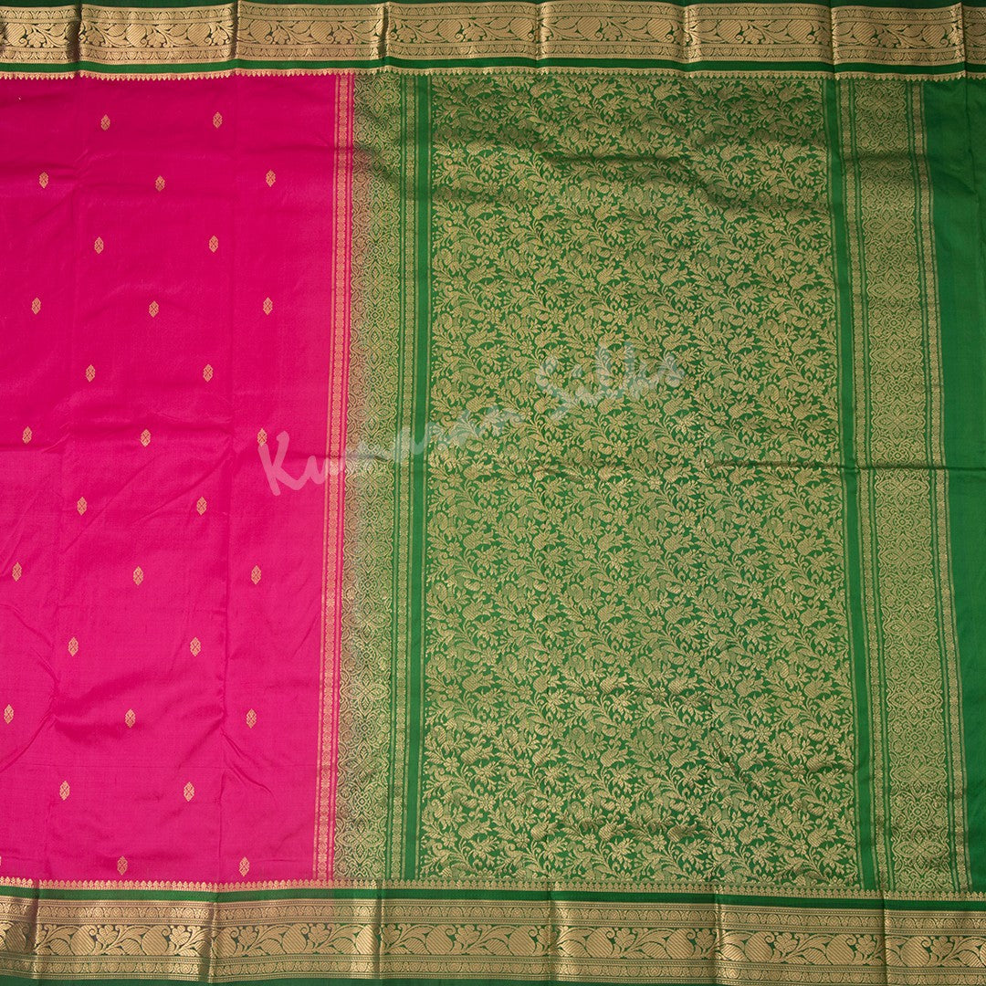 Pure Silk Hot Pink Saree With Gold Zari Buttas And Contrast Border - Kumaran Silks