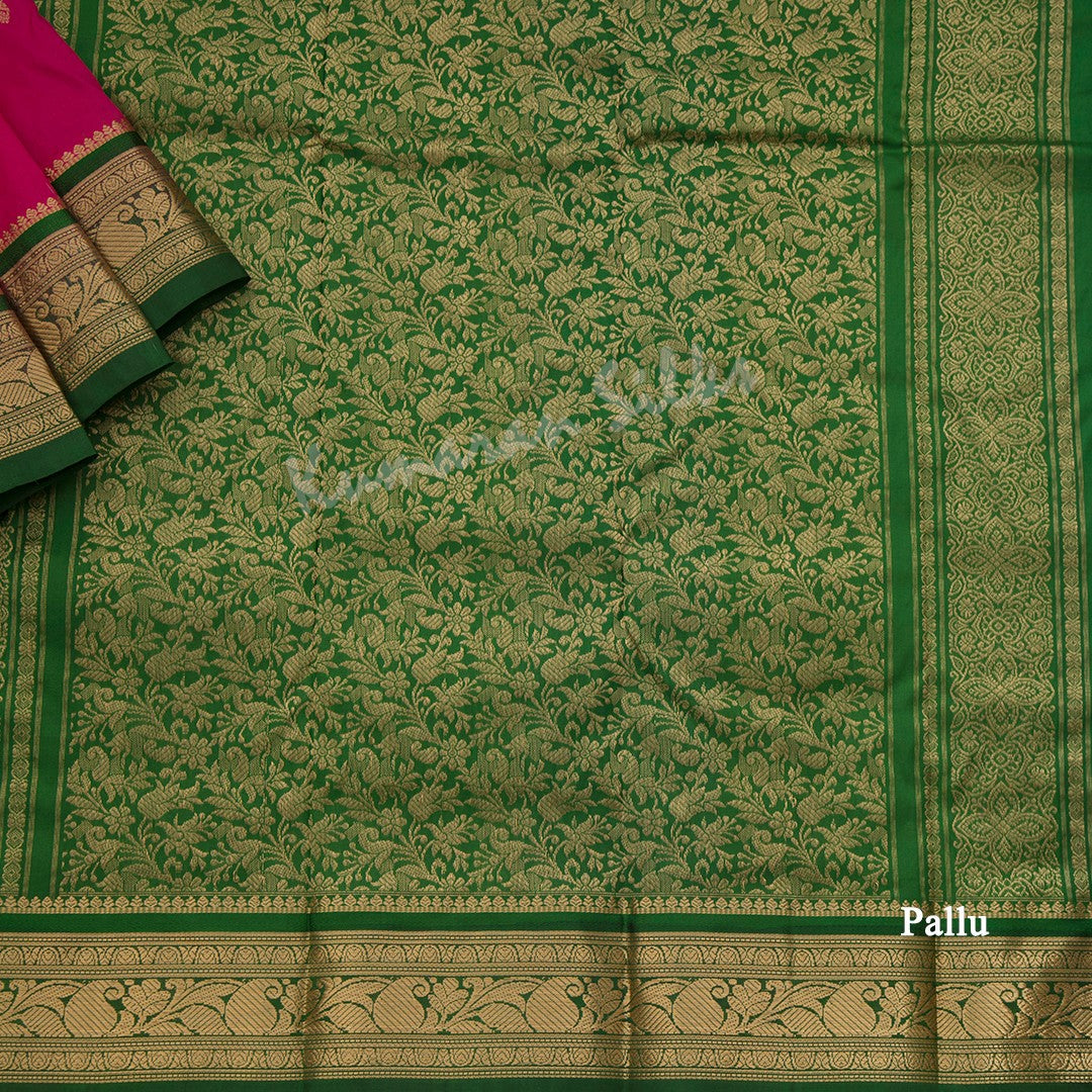 Pure Silk Hot Pink Saree With Gold Zari Buttas And Contrast Border - Kumaran Silks