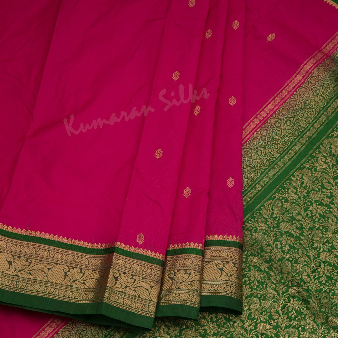 Pure Silk Hot Pink Saree With Gold Zari Buttas And Contrast Border - Kumaran Silks