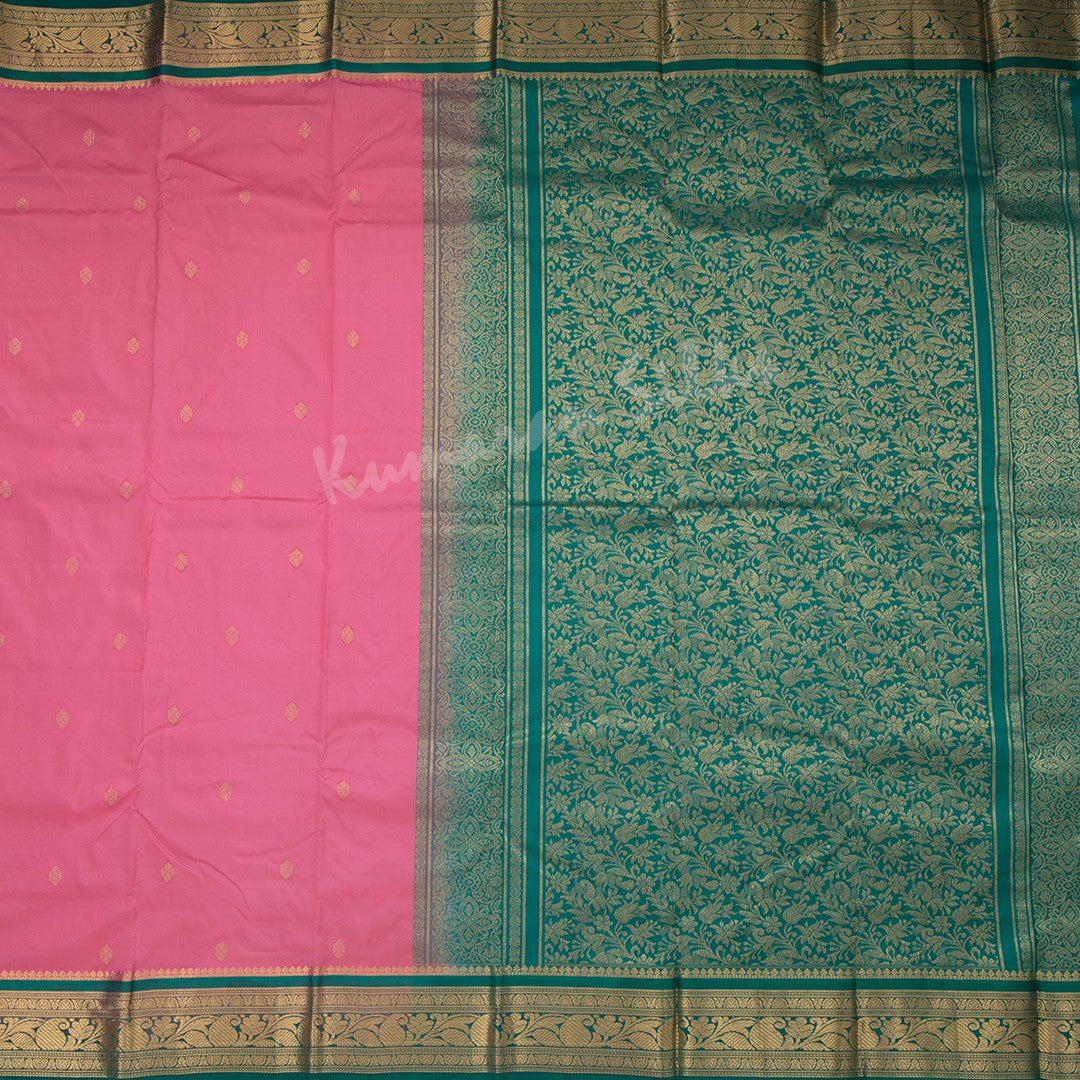 Pure Silk Rose Pink Saree With Gold Zari Buttas And Contrast Border - Kumaran Silks