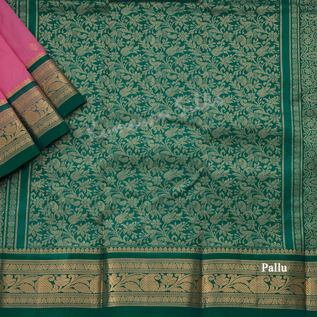 Pure Silk Rose Pink Saree With Gold Zari Buttas And Contrast Border - Kumaran Silks