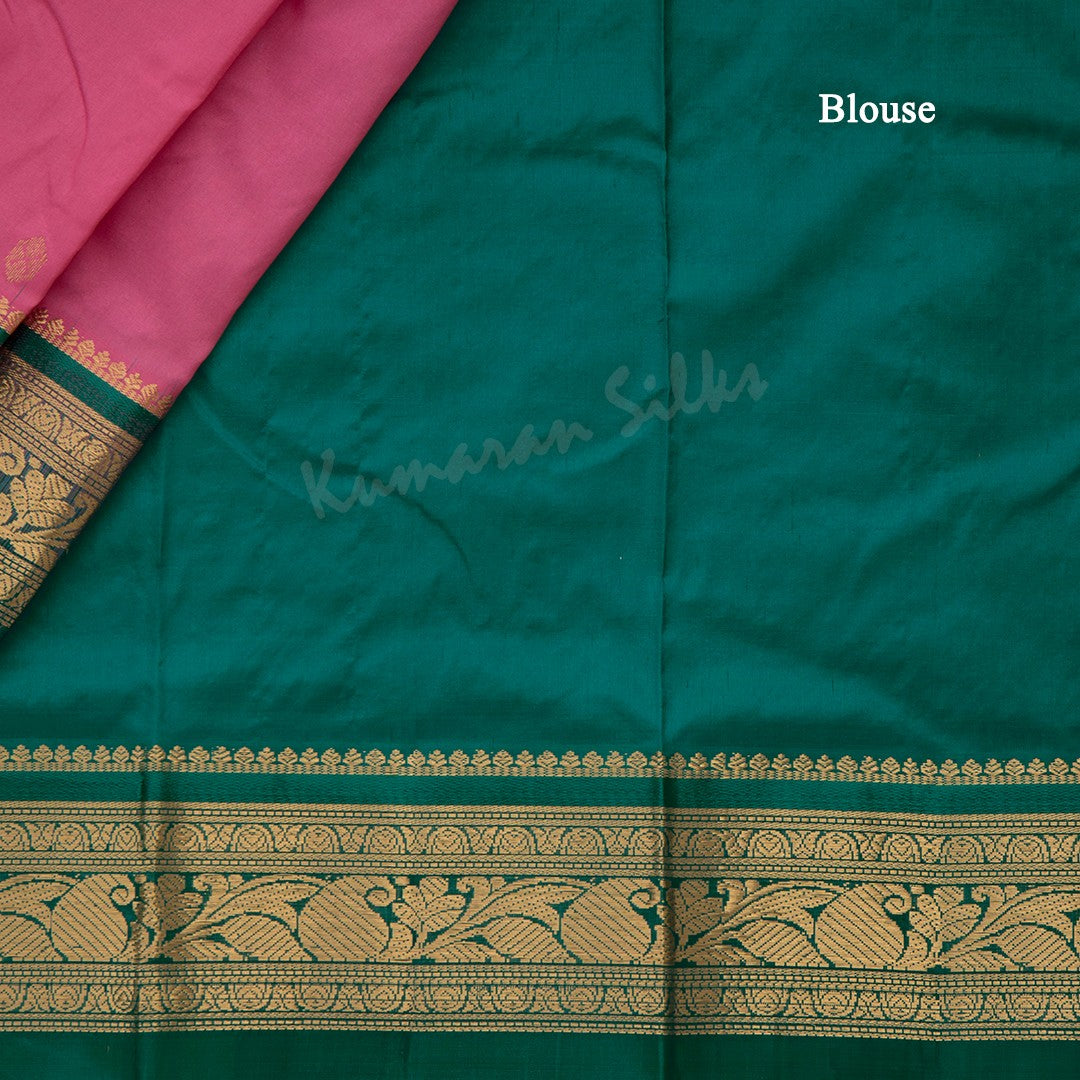 Pure Silk Rose Pink Saree With Gold Zari Buttas And Contrast Border - Kumaran Silks