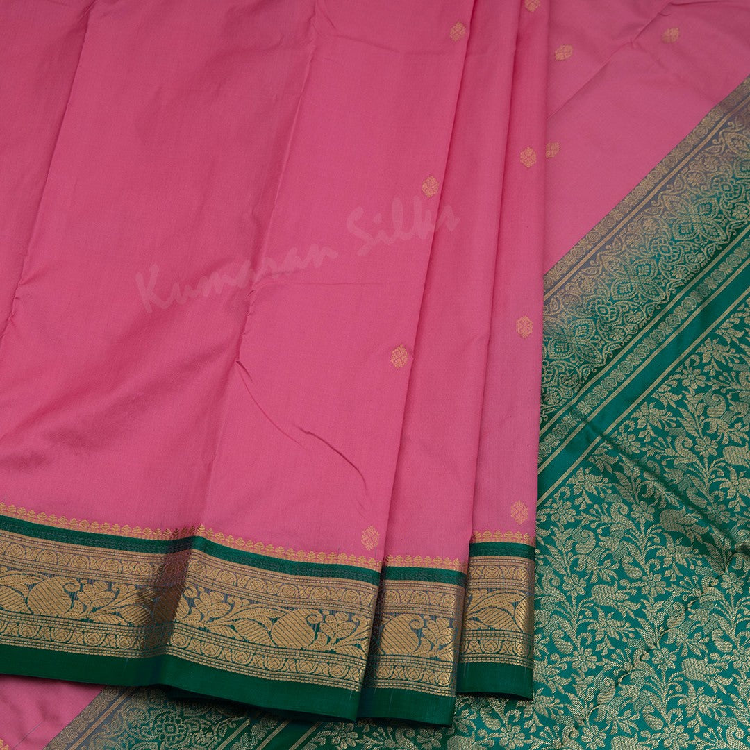 Pure Silk Rose Pink Saree With Gold Zari Buttas And Contrast Border - Kumaran Silks