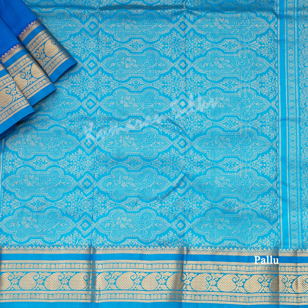 Pure Silk Azure Blue Saree With Gold Zari Buttas And Blue Border - Kumaran Silks