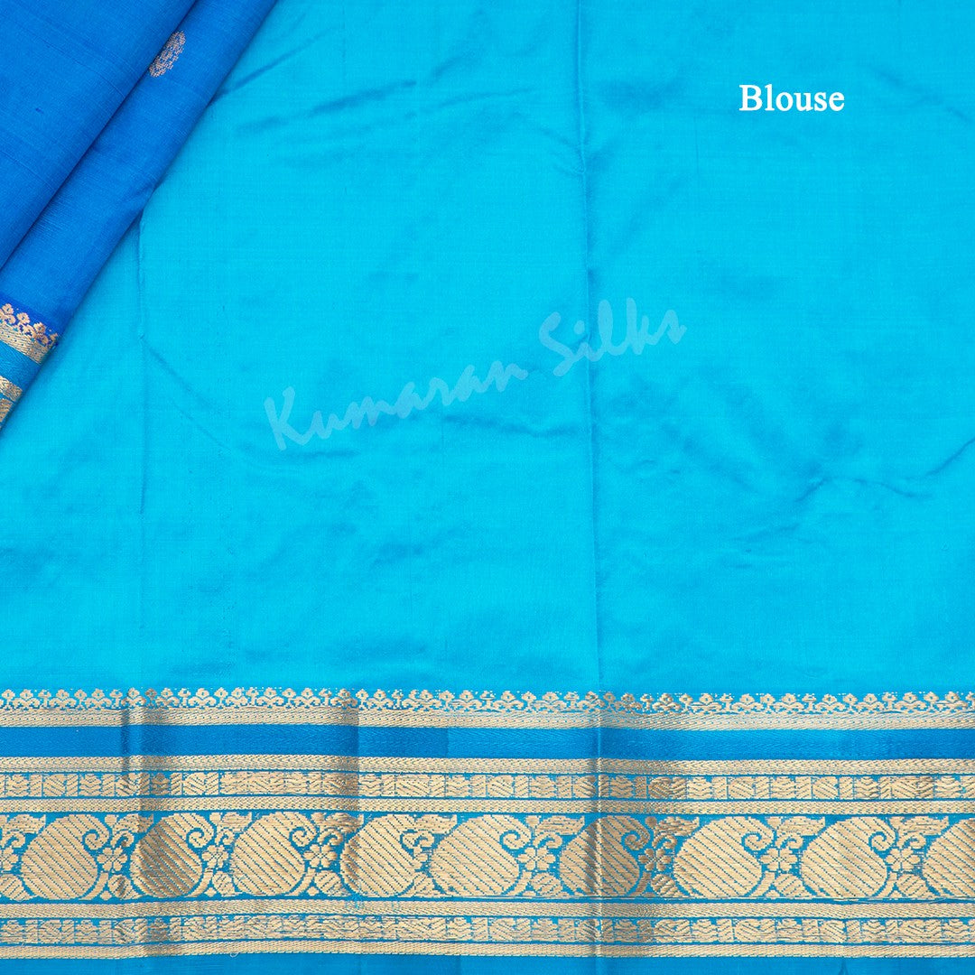 Pure Silk Azure Blue Saree With Gold Zari Buttas And Blue Border - Kumaran Silks