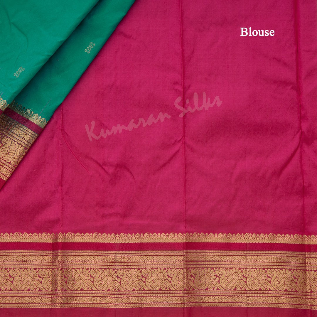 Pure Silk Jade Green Saree With Gold Zari Buttas And Contrast Border - Kumaran Silks