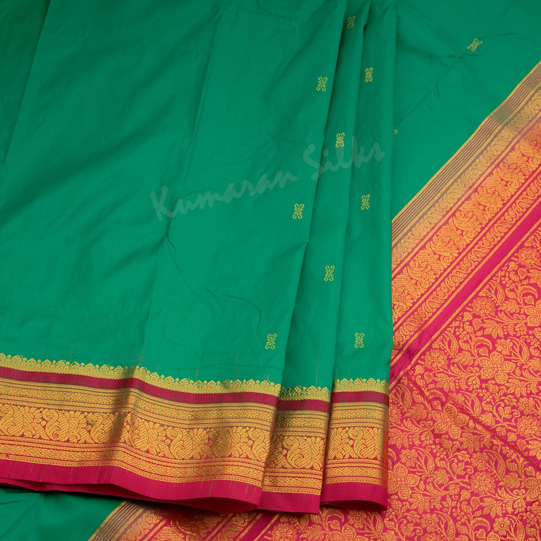 Pure Silk Jade Green Saree With Gold Zari Buttas And Contrast Border - Kumaran Silks