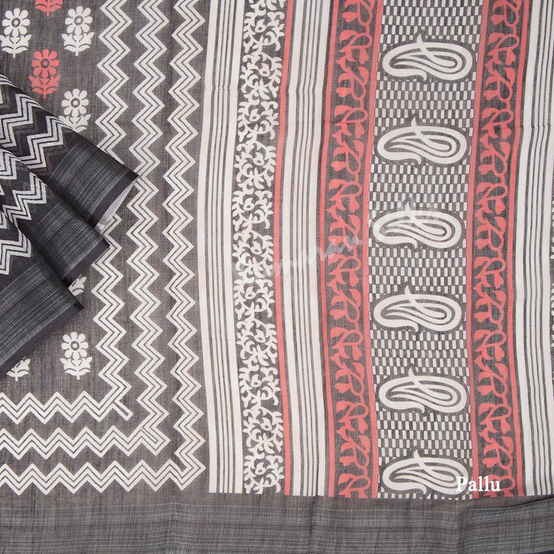 Semi Linen Black Printed Saree 02 - Kumaran Silks