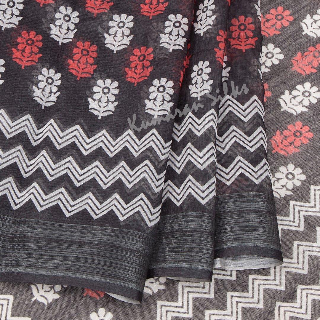 Semi Linen Black Printed Saree 02 - Kumaran Silks