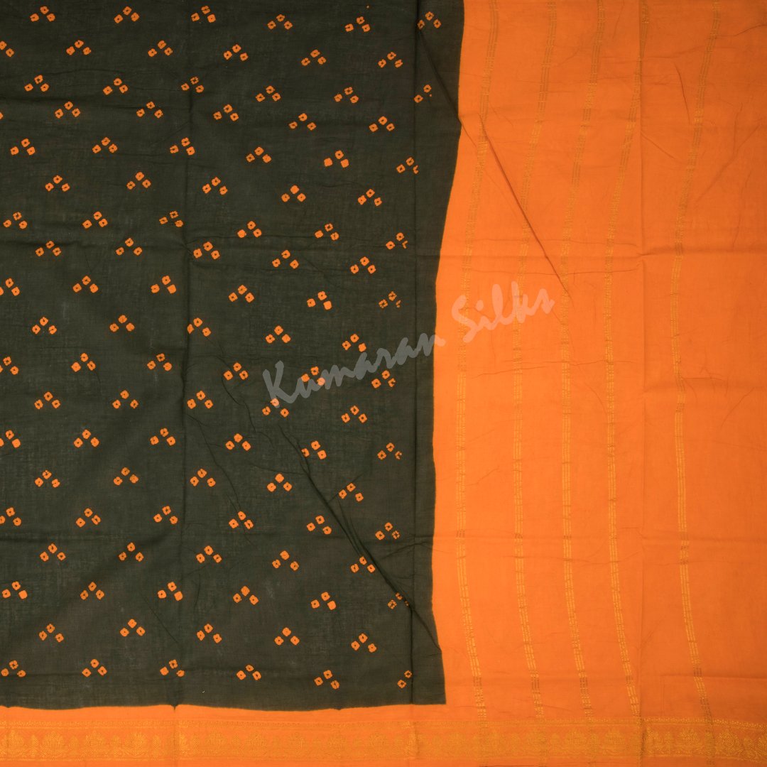 Sungudi Cotton Dark Olive Green Printed Saree Without Blouse