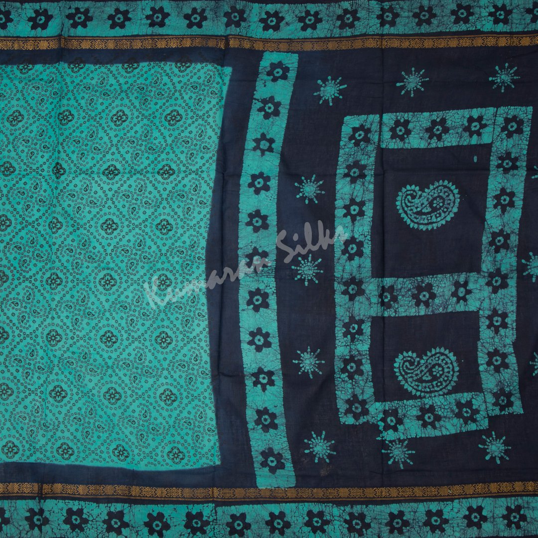 Sungudi Cotton Turquoise Printed Saree Without Blouse