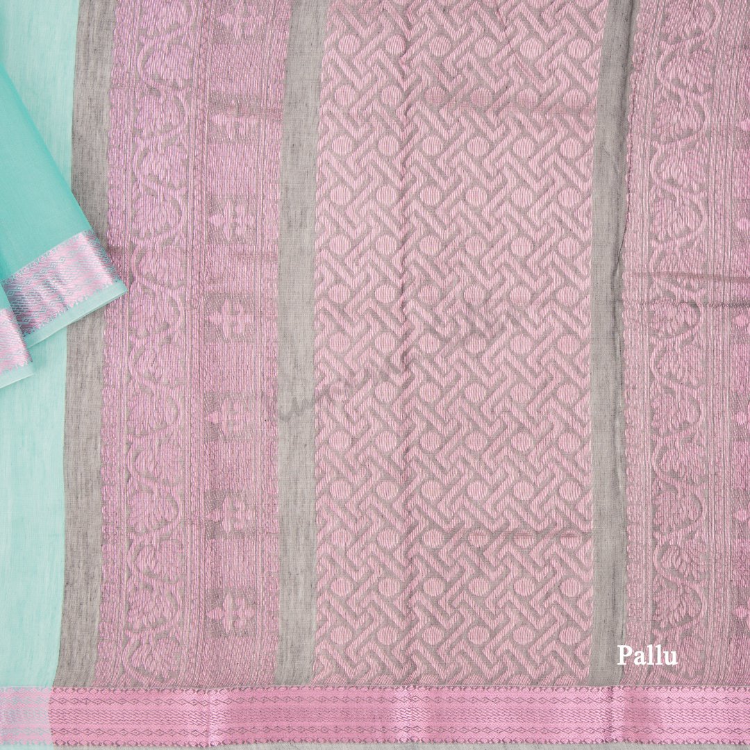 Silk Cotton Turquoise Zari Worked Saree With Contrast Border