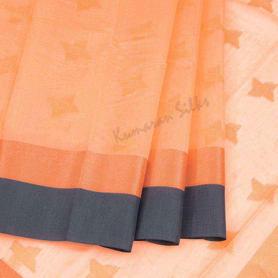 Silk Cotton Cantaloupe Orange Zari Worked Saree With Contrast Border - Kumaran Silks