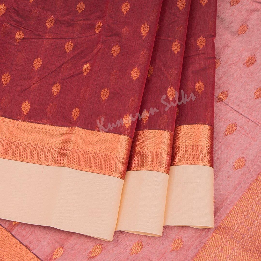 Silk Cotton Maroon Zari Worked Saree With Contrast Border - Kumaran Silks