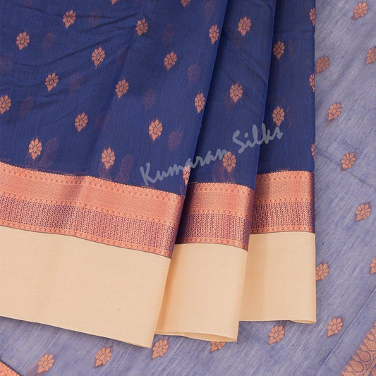 Silk Cotton Dark Blue Zari Worked Saree With Contrast Border - Kumaran Silks