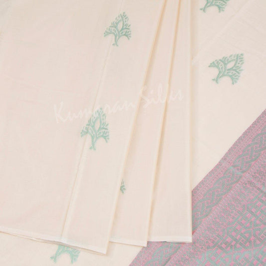 Semi Soft Silk Cream Borderless Saree With Embossed Design - Kumaran Silks