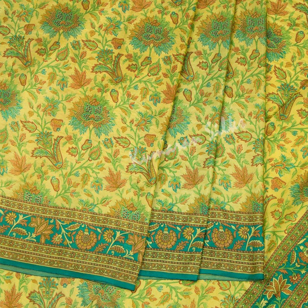 Faux Crepe Lime Yellow Floral Printed Saree - Kumaran Silks