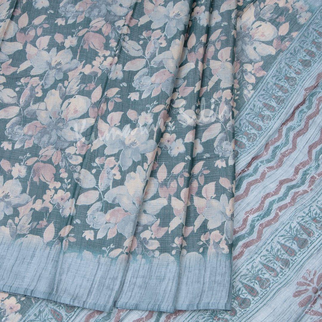 Semi Linen Greyish Blue Floral Printed Saree - Kumaran Silks