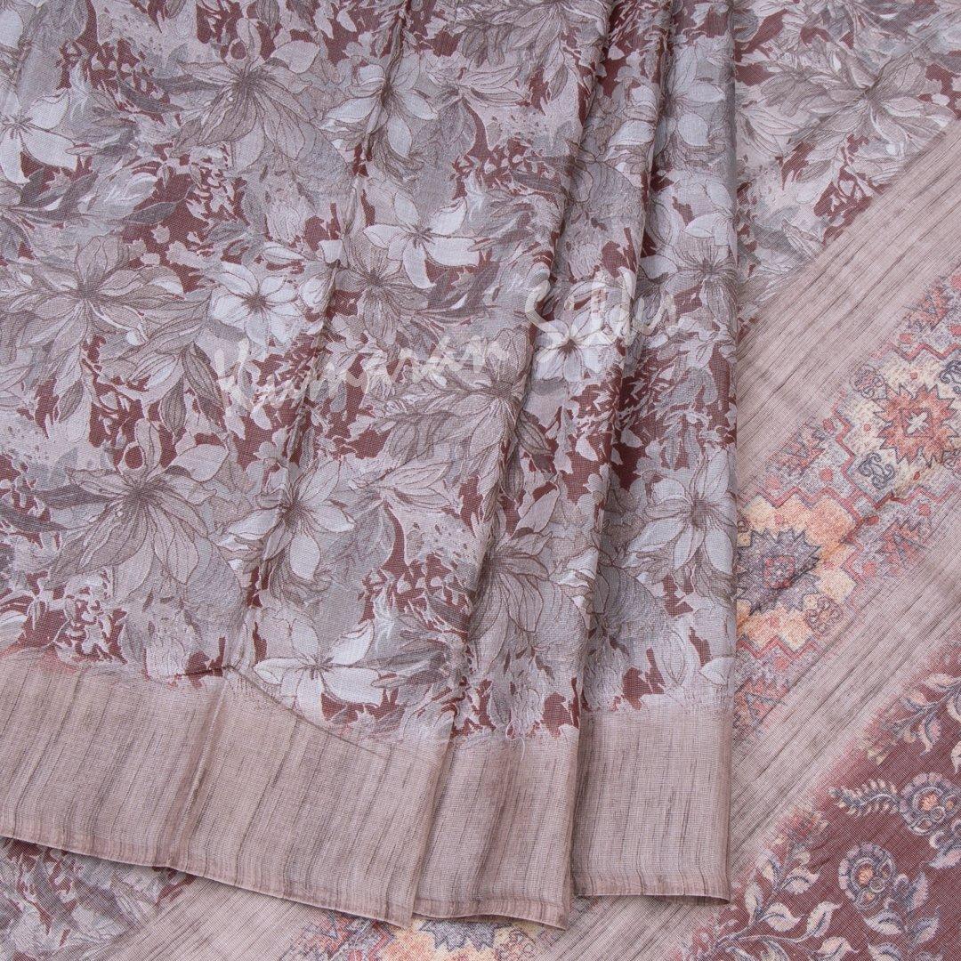 Semi Linen Brown Floral Printed Saree - Kumaran Silks