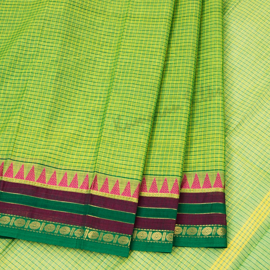 Chettinad Cotton Green Checked Saree With Temple Border Without Blouse - Kumaran Silks
