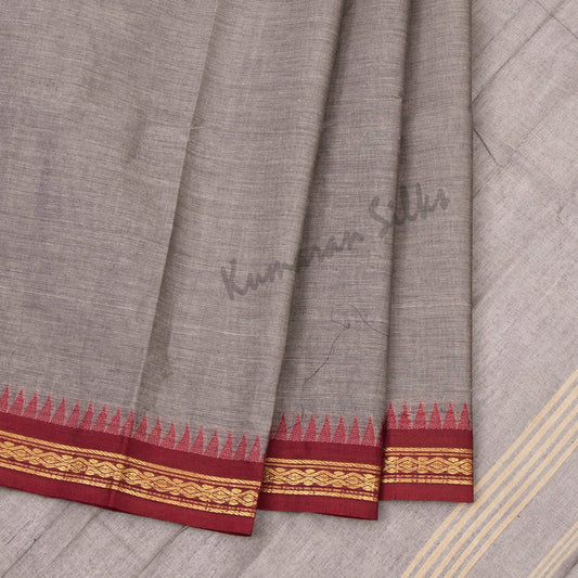 Chettinad Cotton Light Brown Plain Saree With Temple Border Without Blouse - Kumaran Silks